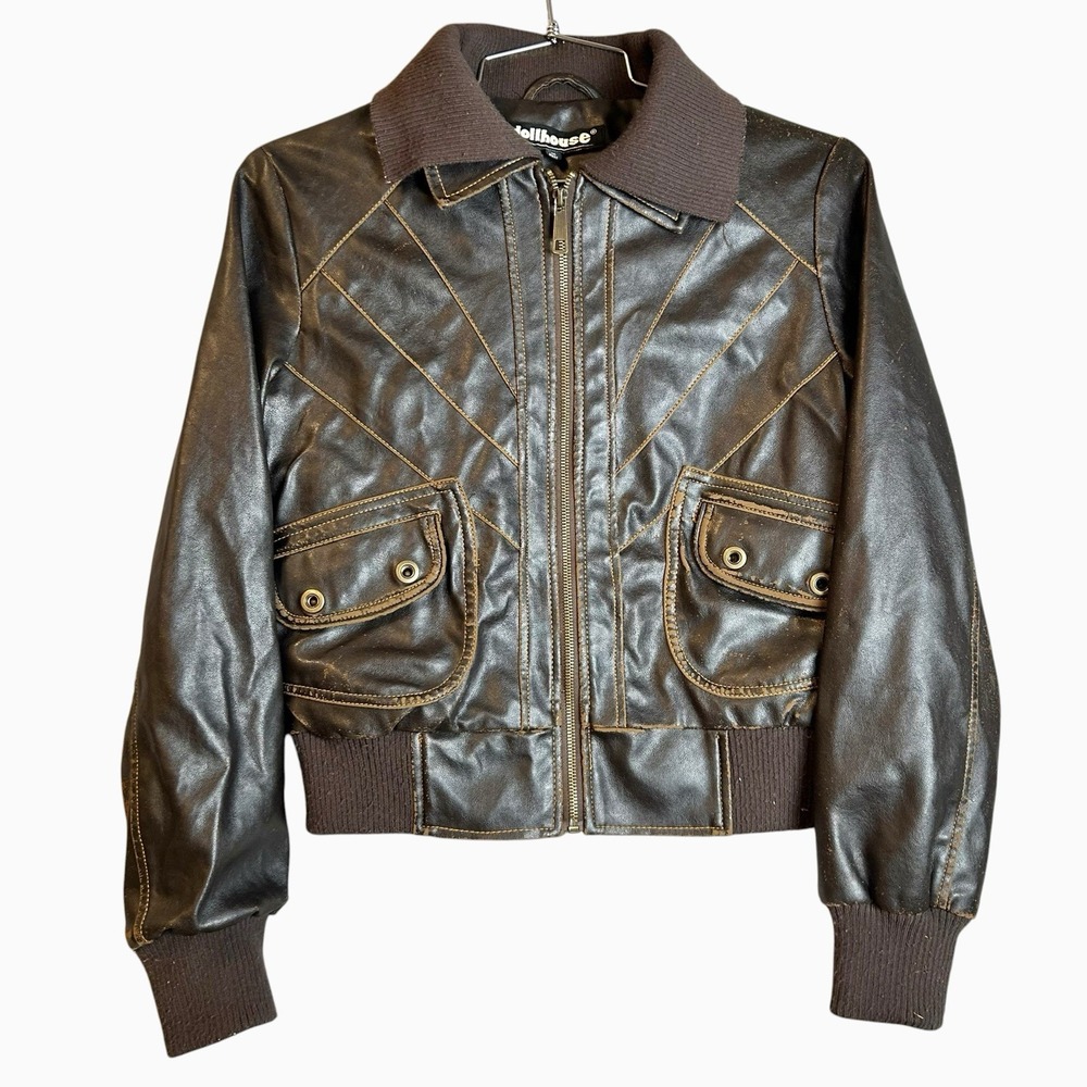 VTG Y2K Dollhouse Dark Brown Faux leather bomber jacket Size Medium Distressed